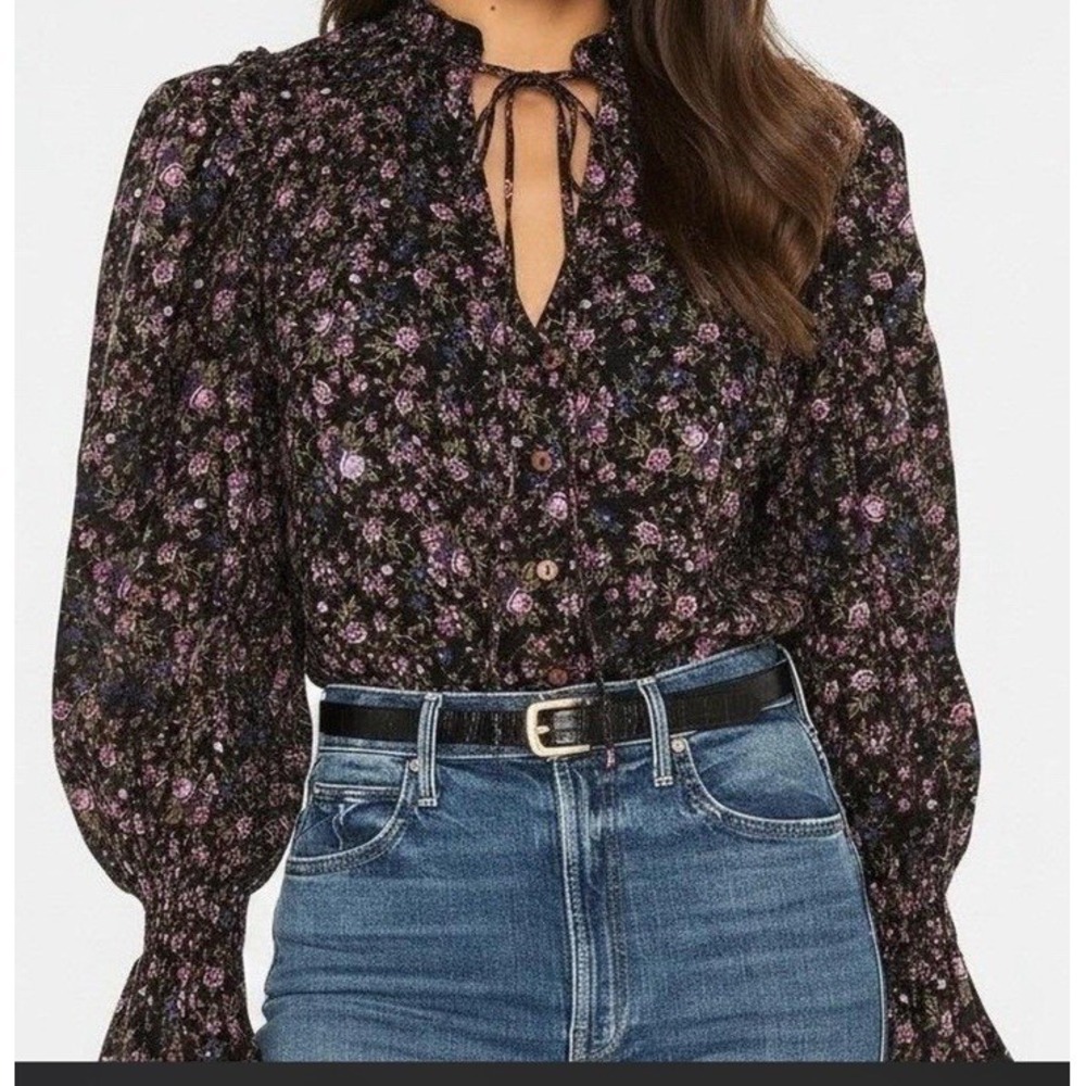 Free People Floral Meant To Be Poet Blouse Top Small Boho Fairy Grunge Oversized
